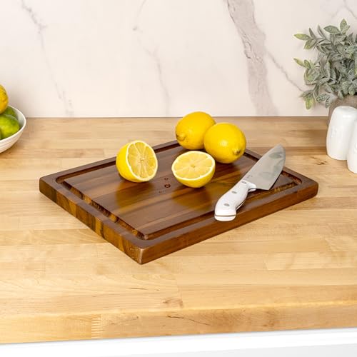 happimess Eldridge Small 14" x 10" Acacia Cutting Board, Brown | Handcrafted, 1 Inch Thick, Reversible Design, Juice Grooves, Authentic Wood Grain, Rectangular, Farmhouse Style - color: Brown, size: 14"L x 10"W