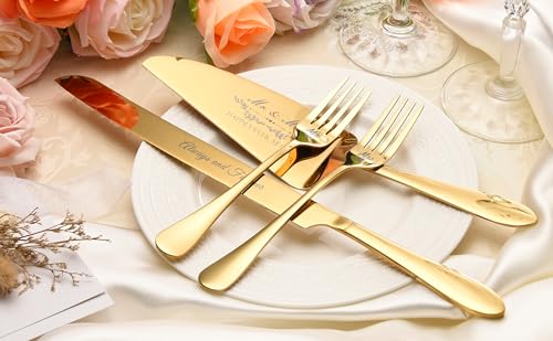 Wedding Cake Cutting Set with Forks, Crystal Champagne Flutes | Classical Style Toasting Glasses for Bride and Groom, Wedding Gifts for Couples, Engagement and Bridal Shower Gifts - color: Gold