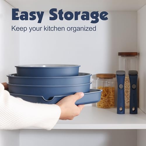 SENSARTE 17 Piece Ceramic Detachable Handle Pots and Pans Set Navy | Ceramic Cookware Set, Induction Cookware Set with Removable Handle, Healthy Non Stick for RV, Dishwasher ＆ Oven Safe - color: Navy, size: 17 Piece