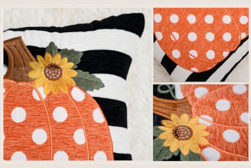 Embroidery Fall Pumpkin Pillow Covers Set of 2(Black & White,20x20) | Soft chenille, black-and-white stripe design, applique pumpkin and sunflower embroidery, hidden zipper, for sofa and bed - size: 20" x 20" (Pack of 2)