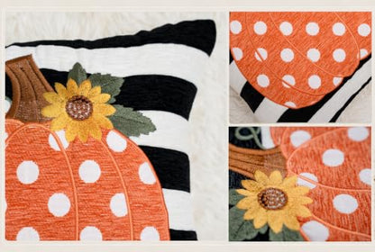 Embroidery Fall Pumpkin Pillow Covers Set of 2(Black & White,20x20) | Soft chenille, black-and-white stripe design, applique pumpkin and sunflower embroidery, hidden zipper, for sofa and bed - size: 20" x 20" (Pack of 2)