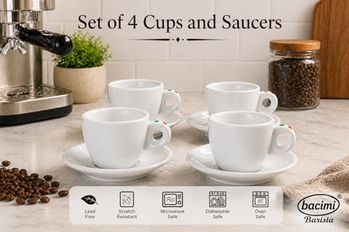 Bacimi® Espresso Cups & Saucers Set of 4 – 3 oz Thick Porcelain Coffee Cups - Barista Style Set - Classic Italian Design - Ceramic Cups for Espresso, Macchiato, Doppio – Dishwasher & Microwave Safe