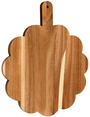 Scalloped Cutting Board with Handle, Acacia Wood Decorative Cutting Board | Round Kitchen Chopping Boards for Pizza, Bread, Cheese, Fruits, Vegetables, 12 x 10 x 0.63 Inch