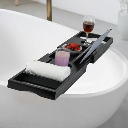 Utoplike Bamboo Bathtub Tray Caddy, Black Bath Tray Table for Tub | Adjustable Bathroom Organizer for Tub with Book Tablet, Wine Glass Cup, Towel Holder - color: Black