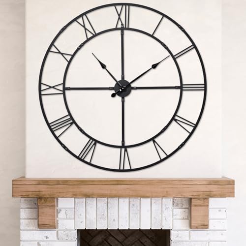40in Large Silent Wall Clock, Easy Assembly Roman Numeral Black | Non-ticking metal farmhouse wall clock, easy assembly, oversized living room decorative decor - color: Black Metal Wall Clock, size: 40inch