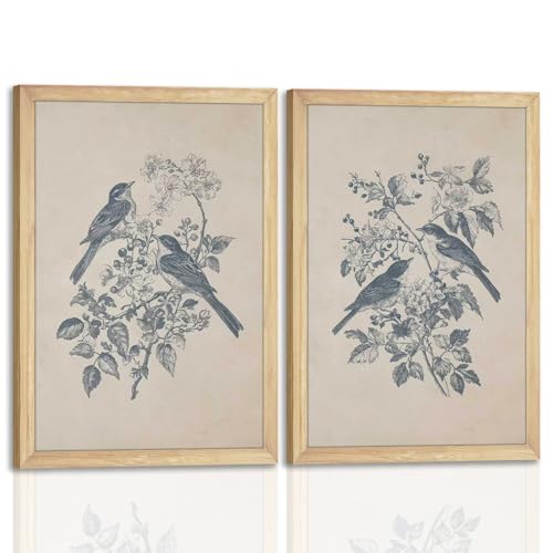 Set of 2 Bird Canvas Wall Art Posters 16x24 Inch – Nature Inspired Botanical Prints with Light Wood Frame – Birds and Flowers Conversation Artwork for Living Room, Bedroom, Farmhouse Wall Decor - color: Birds and Flowers, size: 16 x 24 inches