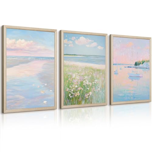 Pink Beach Wall Art Preppy Coastal Canvas Wall Decor Summer Beachy Posters Aesthetic Ocean Pictures Pastel Pink Beach Prints Painting Coastal Artwork for Living Room Bedroom 12x16 Inch Framed 3Pcs - color: Pink Coastal Art, size: 12''x16'' Framed