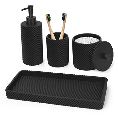 Black Bathroom Accessories Set 4 Pcs - Toothbrush Holder,Lotion Soap Dispenser,Qtip Holder Dispenser,Vanity Tray for Countertop Vanity Organizer,Bathroom Accessory Set - color: Matte Black