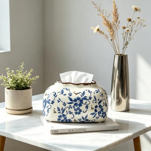 Porcelain Tissue Holder Blue and White Tissue Holder Porcelain Decorative Retro Rustic Farmhouse Home Decor for Vanity Tables, Living Rooms, Bedrooms, Kitchens, and Offices (White) - color: White