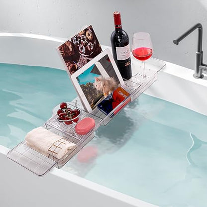 HOMEE Acrylic Expandable Bathtub Caddy Tray, Bath Tub Board for Bathroom | Adjustable Bath Tub Tray Table Organizer Fit Most Tubs for Storage Toiletries, Ideal for Home Spa, Bathroom Organization