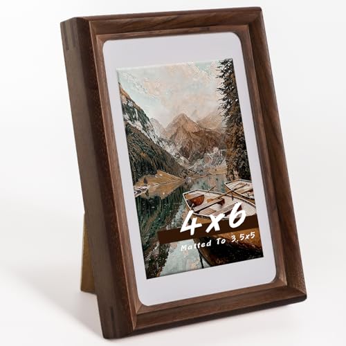 Handmade Solid Walnut Wood 4x6 Picture Frame with Real Glass, Photo Frame with Mat Fits 3.5x5 Photo, Tabletop & Wall Mount Display for Home Decor & Festival Gift - color: Walnut, size: 4×6