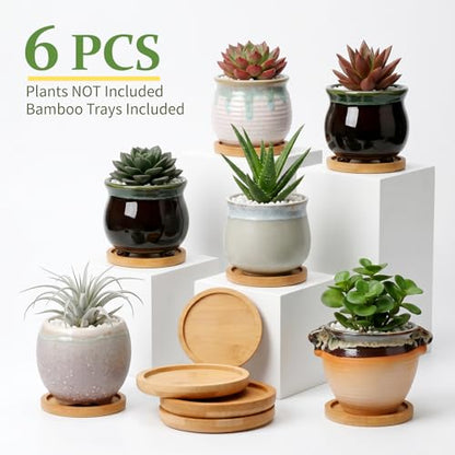 3.5 Inch Succulent Pot with Drainage,Planting/Flower Pots | Small Planter Pot for Mini Plant Ceramic Flowing Glaze Base Serial Set with Holes,Flower Pots with Tray for Home - size: 3.5inch-6pack