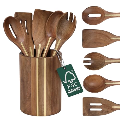 Acacia Utensil Set of 5 with Holder – Premium Wooden Cooking Utensils, Eco Friendly Acacia Wood Spatula & Spoon Set, Nonstick Safe Kitchen Tools - color: Acacia Classic Kitchen Set