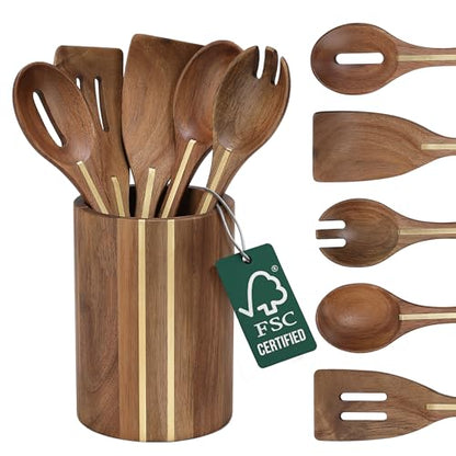 Acacia Utensil Set of 5 with Holder – Premium Wooden Cooking Utensils, Eco Friendly Acacia Wood Spatula & Spoon Set, Nonstick Safe Kitchen Tools - color: Acacia Classic Kitchen Set