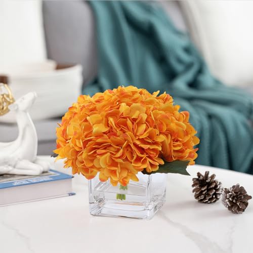 Silk Hydrangea Artificial Flowers in Vase with Faux Water, Silk Flower Arrangements in Vase for Wedding, Dining Table, Living Room (Orange) - color: Orange