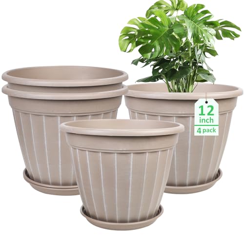 12 Inch Pots for Plants,4 Pack Tall Planter,Large Flower Pot Outdoor | Plastic Garden Pots with Drainage Hole & Saucer,Decorative Outdoor Planter for Planting Medium Large Plants(Beige) - color: Beige, size: 12 inch-4 pack