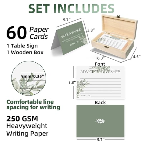 Eucalyptus Advice and Wishes for the Mr and Mrs - 60 Pack Wedding Message Cards with Box - Elegant Bridal Shower Game & Anniversary Guest Book Alternative - color: GREEN EUCALYPTUS