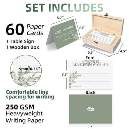 Eucalyptus Advice and Wishes for the Mr and Mrs - 60 Pack Wedding Message Cards with Box - Elegant Bridal Shower Game & Anniversary Guest Book Alternative - color: GREEN EUCALYPTUS