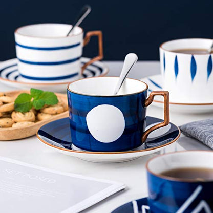 Jusalpha- 7OZ Porcelain Tea/Coffee Cup With Spoon Saucer Set, Serve of 4 | Japanese style hand printed design