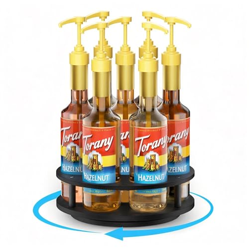 THYGIFTREE Rotating Coffee Syrup Organizer 7 Bottles Syrup Rack for Countertop Wood Syrup Bottle Holder Stand for Coffee Bar Station, Turntable Wine Display Tray, Black - color: Black, size: 7 Bottles