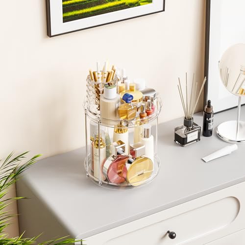 Clear 360 Rotating Bathroom Counter Organizer,2 Tier Spinning Perfume Organizer and Makeup Tower for Lotion,Hair,Face Skincare Beauty Products,Tiered Lazy Susan and Makeup Organizers for Vanity - style: Round