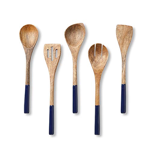 Folkulture Premium Wooden Spoons for Cooking,Kitchen Utensils Set of 5(12") | Soft, Comfort, Non-Toxic Cooking Utensils Set for Kitchen, Acacia Wooden Utensil Set, Cooking Gift, Kitchen Essential - color: Blue