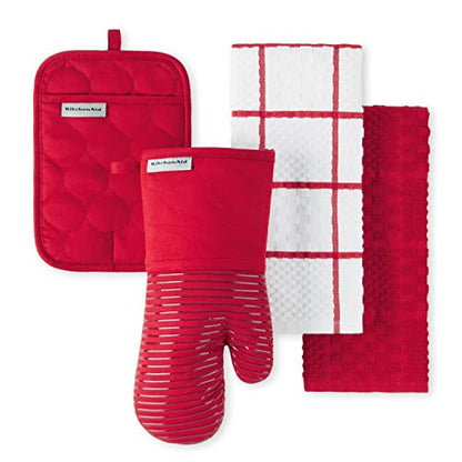 KITCHENAID Quilted Cotton Terry Cloth Oven Mitt, Pot Holder, Kitchen Towel 4-Pack Set, Heat Resistant, Silicone Grip, Gift Set, Passion Red, 16"x26", 7"x13" & 7"x10" - color: Passion Red