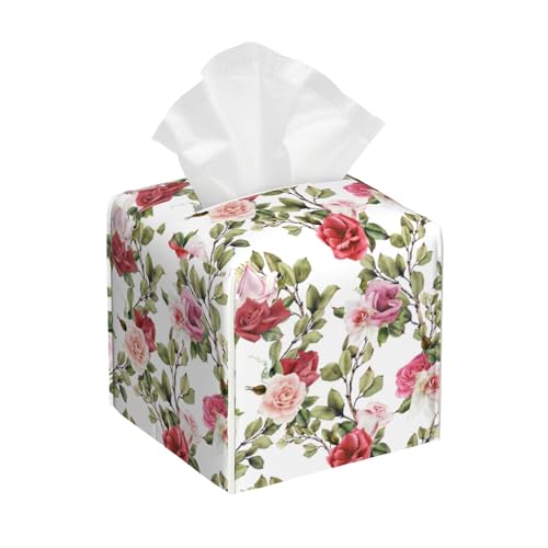 Watercolor Rose Flower Tissue Box Cover Square, Tissue Box Holder with Bottom Belt Leather Facial Paper Organizer Dispenser for Bathroom Bedroom Dresser Night Stand Tabletop - color: Watercolor Rose Flower