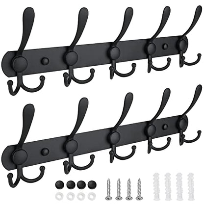 TICONN Wall Mounted Coat Rack, Five Heavy Duty Tri Hooks All Metal Construction for Jacket Coat Hat in Mudroom Entryway (Matte Black, 2-Pack) - color: Matte Black