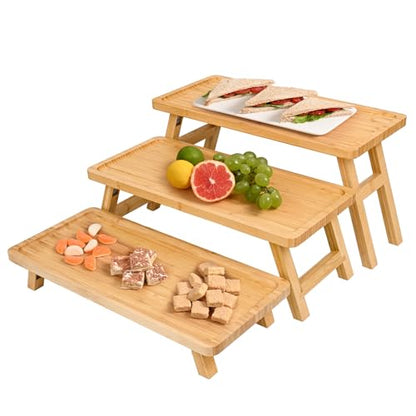 GEHE Natural Bamboo Cupcake Stand, Foldable 3 Tier Cupcake Display Stand Tower, Dessert Table Serving Tray for Birthday/Wedding/Christmas/Party, Charcuterie Boards - color: Bamboo Color