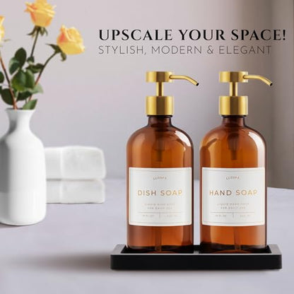 Glass Soap Dispenser Set of 2 (Amber) with Silicone Tray | Hand and Dish Soap Dispenser for Kitchen and Bathroom | 16.8 Oz Glass Bottles with Stainless Steel Pump & 15 Waterproof Labels (Amber/Gold) - color: Amber/Gold