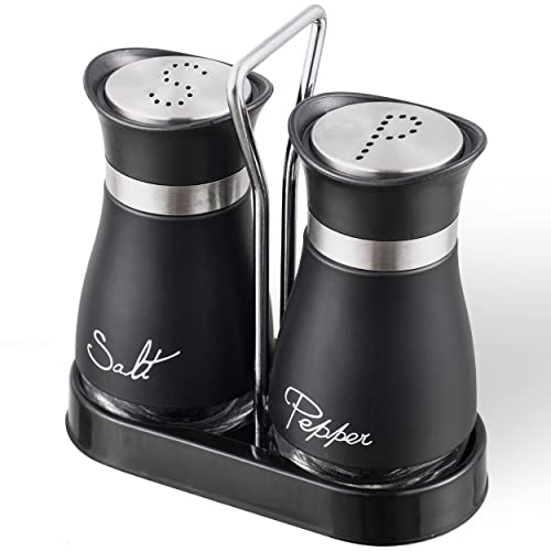 Lonffery Salt and Pepper Shakers Set | Stainless Steel with Glass Bottle for Table, RV, Camp, BBQ, Set of 2, Black - color: Matte Black