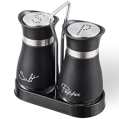 Lonffery Salt and Pepper Shakers Set | Stainless Steel with Glass Bottle for Table, RV, Camp, BBQ, Set of 2, Black - color: Matte Black
