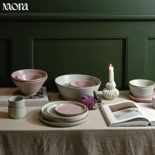 Mora Giant Salad Bowl Set with Wood Salad Servers, 4 qt Large Ceramic Serving Bowl for Salad, Pasta & Fruit, Microwave, Oven and Dishwasher Safe - Mist - color: Mist