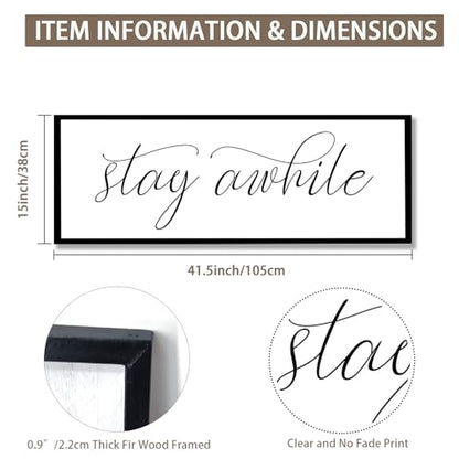 Rutiyoka Stay Awhile Sign Framed Farmhouse Dining Room Wall Decor Large 42"×15" Wood Kitchen Wall Art Black - color: stay awhile (black frame)