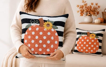 Embroidery Fall Pumpkin Pillow Covers Set of 2(Black & White,20x20) | Soft chenille, black-and-white stripe design, applique pumpkin and sunflower embroidery, hidden zipper, for sofa and bed - size: 20" x 20" (Pack of 2)