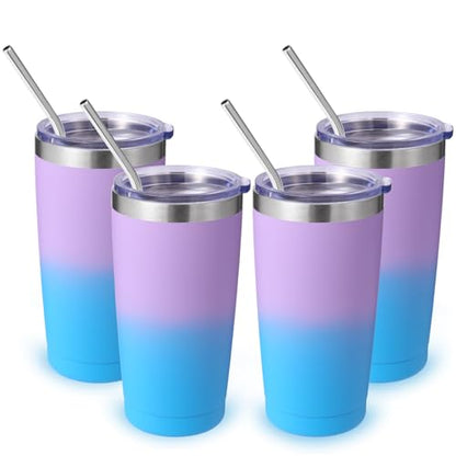 Volhoply 20oz Stainless Steel Tumbler with Lid and Straw Bulk 4 Pack,Double Wall Insulated Travel Iced Coffee Mug Fits Cup holder,Powder Coated Cups for Hot/Cold Drinks,Gifts for Women（lavender,4 Set） - color: Lavender
