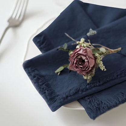 Handmade Cloth Napkins 100% Cotton Napkins with Fringe，Delicate Handmade Cloth Napkins for Dinners, Parties, Weddings and More，18 x 18 Inch Set of 4 - Navy Blue - color: Navy Blue
