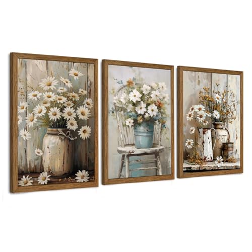 DUWQU Triptych Rustic Farmhouse Daisy Framed Canvas Wall Art 12x16 inch x3 | Wooden frame, UV-resistant ink, Giclée printing process, Pre-installed hooks make it easy to hang home or office wall decor - color: flower(Framed), size: 16"L x 12"W