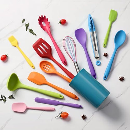 LIANYU 14 Pcs Silicone Kitchen Cooking Utensils Set with Holder, Colorful | 446°F Heat Resistant Silicone Cooking Utensils Spatula Set, Non-Stick & Dishwasher Safe Cooking Tools, Comfort Grip Handle - color: Colorful