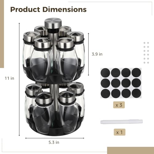 Double Layer Revolving Spice Rack Organizer, 12-Piece Empty Glass Jar Set with Marker Pen & Labels, Space-Saving Seasoning Storage Stand for Kitchen Countertop, BBQ, or Restaurant Storage
