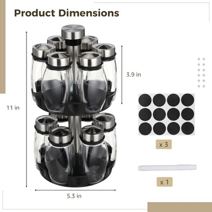 Double Layer Revolving Spice Rack Organizer, 12-Piece Empty Glass Jar Set with Marker Pen & Labels, Space-Saving Seasoning Storage Stand for Kitchen Countertop, BBQ, or Restaurant Storage