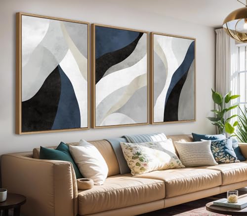 Large Abstract Framed Wall Art, Modern Blue Grey Canvas Pictures, 32"X48"X3 | Contemporary Navy Gray White Colour Block Painting Artwork, Natural Float Framed, 32X48 Inch Set of 3, for Living Room Office - color: Navy, size: 32" X 48" X 3pieces Framed