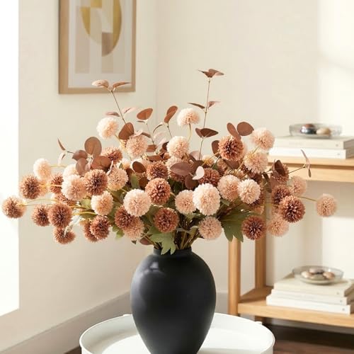 22pcs Artificial Beige & Brown Kiku Flowers with Eucalyptus Stems Bulk, Faux Silk Mum Pom Poms for Vase, Modern Farmhouse Boho Home Decor, Realistic Floral Centerpiece for Kitchen & Living Room | Faux Silk Mum Pom Poms for Vase, Modern Farmhouse Boho Home
