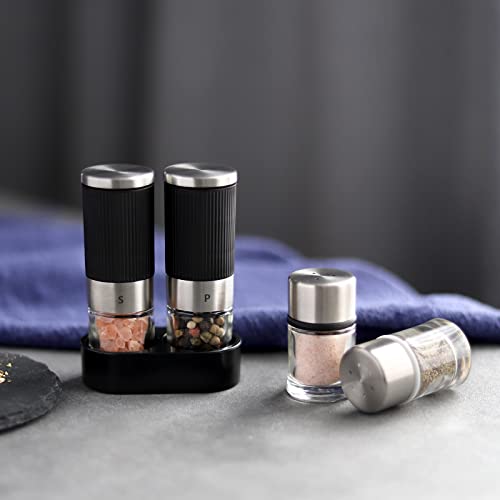VEVOK CHEF Mini Salt and Pepper Grinder set with 2 Small Salt and Pepper Shakers Portable Cute Tiny Spice Grinder Pepper Mill Salt Grinder for Travel, Work, Camping, Party, School, Lunch Box - color: Black