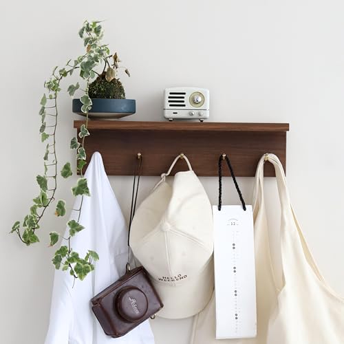 Marine Plywood Wall Mounted Coat Rack with Shelf & Key Hooks, 5 Brass Hooks Entryway Organizer, Modern Floating Shelf for Bedroom Hallway, Space-Saving Home Storage Rack (1, Walnut Finish) - color: Walnut Finish