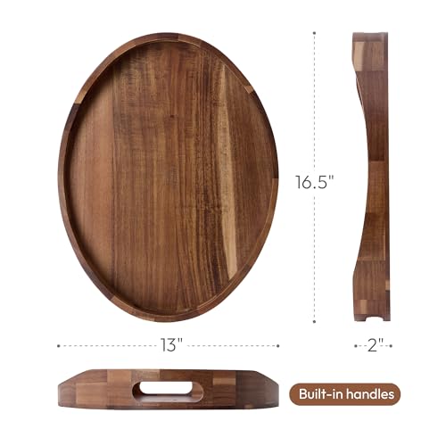Acacia Wood Serving Tray with Handles - 17'' x 13'' Round, Decorative Ottoman Trays for Breakfast, Home Decor, Tea Party, Coffee Table, Candle Display, Kitchen Counter Board