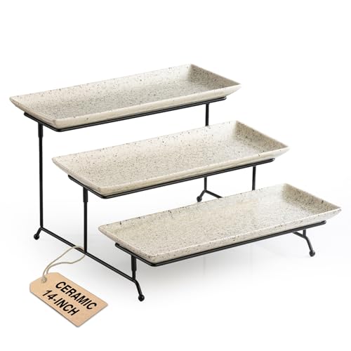 LAUCHUH 3 Tier Serving Trays for Party, Porcelain Tiered Serving Tray Stand | 14 inch Serving Platters with Collapsible Sturdier Rack Serving Plates for Halloween Thanksgiving Christmas, Speckled Glaze - color: Speckled Glaze, size: 14 inch