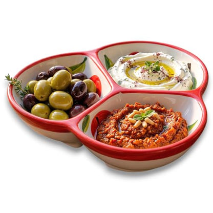 3-Compartment Ceramic Serving Dish, Handmade in Spain | 7.5” divided chip and dip bowl with lead-free glaze, microwave, oven and dishwasher safe, ideal for tapas, snacks and sauces - color: Cherry Bliss