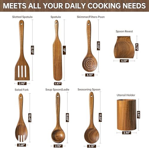 8 PCS Natural Acacia Wooden Utensil Set Wooden Spoons for Cooking | Non-Toxic Acacia Wood, Nonstick Safe, Sturdy Easy to Clean, Includes Holder & Spoon Rest, Great Kitchen Gift - size: 8 PCS SET